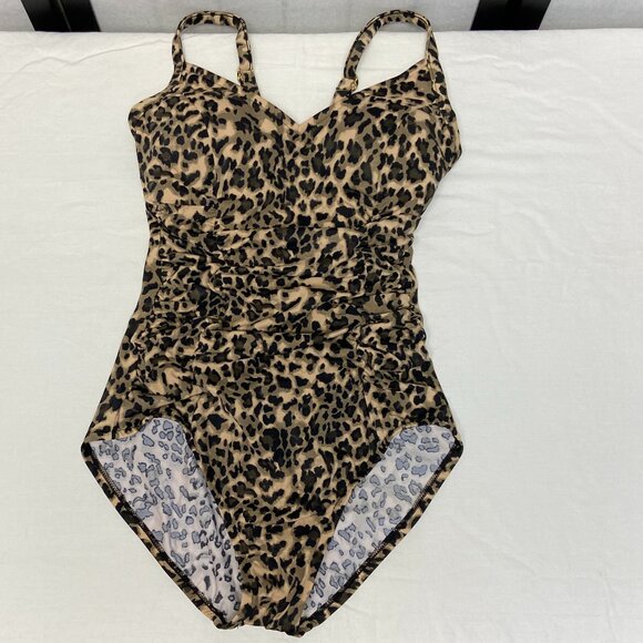 Aqua Green Shirred Side Front One Piece Low V Neck Leopard Spot Swimsuit NWT S - Picture 6 of 12